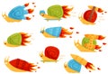 Collection of funny snails with turbo speed boosters, fast mollusk cartoon characters vector Illustration on a white Royalty Free Stock Photo