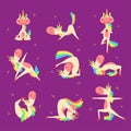 Collection of Funny Unicorn Character with Rainbow Mane and Tail Practicing Yoga Exercises Vector Illustration Royalty Free Stock Photo