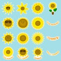 Collection of funny vector sunflowers stickers. Cartoon style