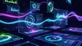 Futuristic data analysis interfaces with glowing charts and waveforms technology screens Royalty Free Stock Photo