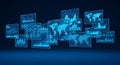 Collection of futuristic holographic screens displaying global data visualization, charts, and world maps in bright blue light Royalty Free Stock Photo