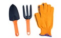 A collection of garden accessories. Orange rake, shovel and work gloves isolated on a white background. The concept of spring