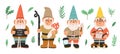 Collection of garden gnomes or dwarfs holding lantern, banner, mushroom, watering can. Set of cute fairytale characters Royalty Free Stock Photo