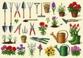 Collection of gardening tools and plants on a light background. Royalty Free Stock Photo
