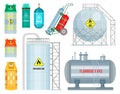 Collection of gas constructions, reservoirs, balloons, tanks, danger explosive gas, warning sign