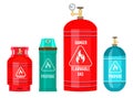 Collection of gas cylinders, balloons under pressure, propane, gas tank, warning sign flammable gas