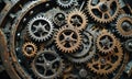 A collection of gears are shown in this image, with some of them being rusty. The gears are arranged in a circular patte Royalty Free Stock Photo