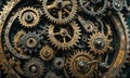 A collection of gears are shown in this image, with some of them being rusty. The gears are arranged in a circular patte Royalty Free Stock Photo