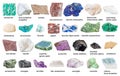 Collection from gemstones and minerals with names Royalty Free Stock Photo