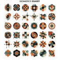 A collection of geometric designs features patterns arranged in a grid. Each design Royalty Free Stock Photo