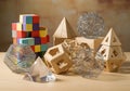 A collection of geometric shapes on a wooden surface includes colorful interlocking cubes, wooden Royalty Free Stock Photo