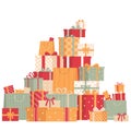 Collection of gift boxes isolated on white background. Big pile of surprises. Mountain of gifts.Vector illustration in cartoon