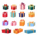 Collection of gift boxes on white background, colorful wrapped Christmas, birthday and valentines presents. Vector set Royalty Free Stock Photo