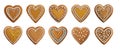 Collection of gingerbread hearts isolated on transparent background.