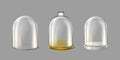 Collection of glass domes on the golden tray, marble and without. 3d realistic vector icon. Transparent protective cover