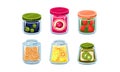 Collection of glass jars with ingredient, fresh and canned food food in glassware vector Illustratio