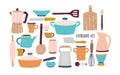 Collection of glassware, kitchenware and cookware. Set of kitchen utensils for home cooking and tools for food