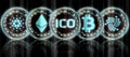 Collection of glowing blue gold multiple crypto currency coin set and ICO at middle with reflection on background.
