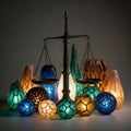 Decorative illuminated glass orbs and abstract shapes arranged around a vintage balance scale creating a magical ambient display Royalty Free Stock Photo