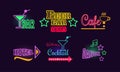 Set of glowing neon signs for beer and cocktail bar, cafe, dance club and hotel. Vector elements for advertising flyer