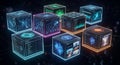 Futuristic Digital Cubes Showing Data, Code, Network Graphs, and Analytics Royalty Free Stock Photo
