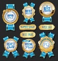 Collection of Gold and blue badges labels laurels shield and metal plates Royalty Free Stock Photo