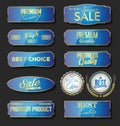 Collection of Gold and blue badges labels laurels shield and metal plates Royalty Free Stock Photo