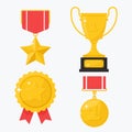 Collection of gold Champions prizes, trophies, awards. Medal, cup and badge. Flat Vector illustration, isolated on white Royalty Free Stock Photo