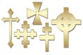 A collection of gold crosses on a white background.