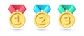 Collection with gold medal 3d. A set of medals for first, second and third place. 3d render cartoon vector illustration Royalty Free Stock Photo