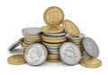 A pile of gold and silver coins on a white background Royalty Free Stock Photo