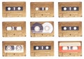 Collection of golden audio cassettes tape isolated on white background Royalty Free Stock Photo
