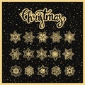 Collection golden Christmas stars. New Year vector holiday elements for winter decor on a black background. Royalty Free Stock Photo