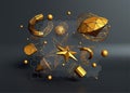 Collection of golden crystal elements such as spheres, star, tubes, cones. Royalty Free Stock Photo