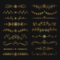 Collection of golden flourish text dividers. Doodle gold botanical borders for typography design, invitations, greeting cards.