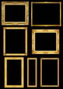 Collection golden frame isolated on black background, clipping path