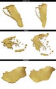 A collection of golden shapes from the European states Gibraltar, Greece, Hungary