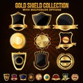 Collection of Golden Shield, Stickers, Labels or Ribbons. Royalty Free Stock Photo