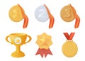 Collection of golden, silver and bronze medals, cups and badges vector 3D illustration. Set of trophy or awards 3D Royalty Free Stock Photo