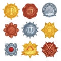 Collection of golden, silver and bronze medals or badges in different shapes. Vector flat set Royalty Free Stock Photo