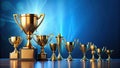 A collection of golden trophies and awards on a dark surface under dramatic lighting. Generative AI Royalty Free Stock Photo