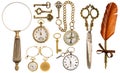 Collection of golden vintage accessories and antique objects