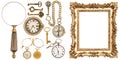 Collection of golden vintage goods frames objects Royalty Free Stock Photo