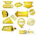 Collection of golden yellow sale tickets, stamps