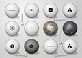 A collection of 11 golf balls and 4 tees displayed against a neutral background. The golf balls Royalty Free Stock Photo