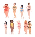 Collection of gorgeous women of different race, height and figure type dressed in swimwear. Cute female cartoon Royalty Free Stock Photo