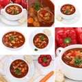 Collection of goulash soup soups with meat and paprika in bowl