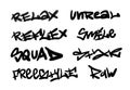Collection of graffiti street art tags with words and symbols in black color on white
