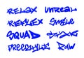 Collection of graffiti street art tags with words and symbols in blue color on white