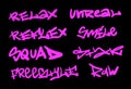 Collection of graffiti street art tags with words and symbols in pink color on black